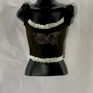PROD Women's Dark Brown Butterfly Lace Trim Smocked Ruffle-Sleeve Crop Top SZ XS